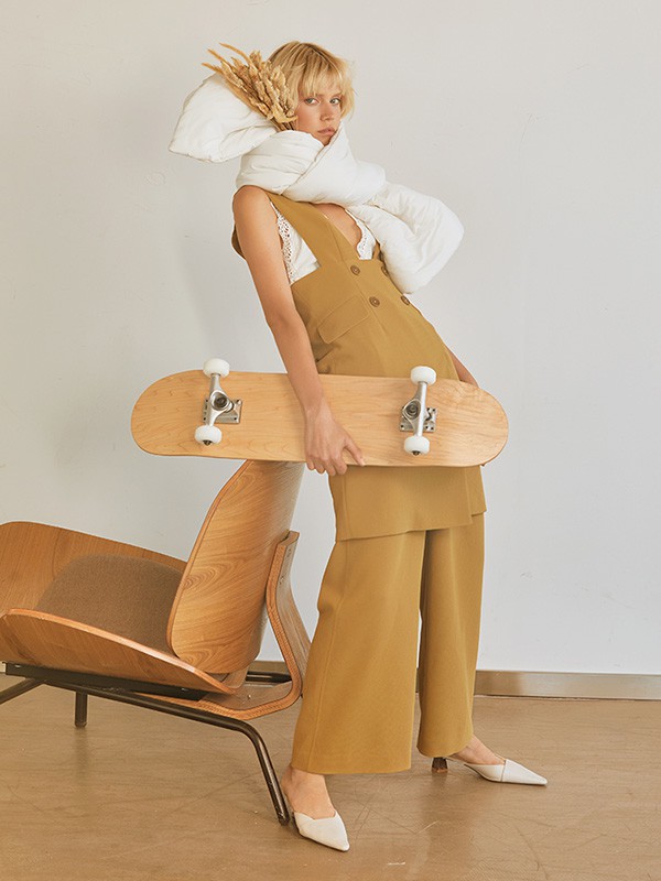 MYMO2020秋季黄色纯色阔腿裤