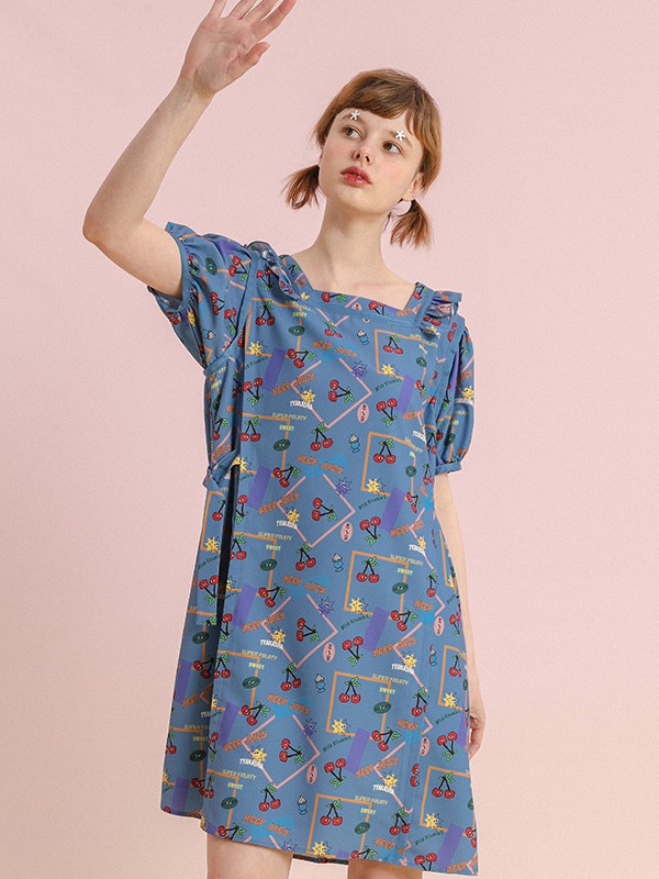 塔卡沙2020春夏季蓝色印花连衣裙