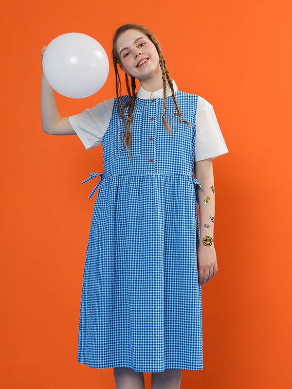 塔卡沙2020春夏季蓝色格子连衣裙