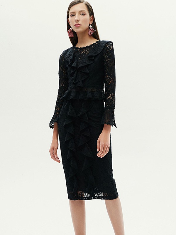 红贝缇2020秋季黑色荷叶边连衣裙