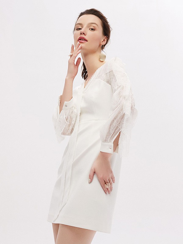 红贝缇2020秋季白色拼接连衣裙