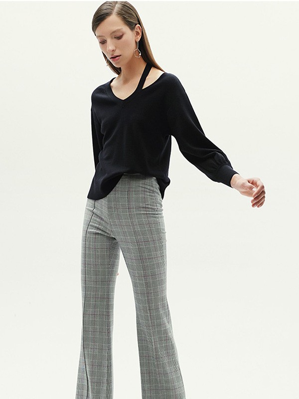 红贝缇2020秋季灰色格子喇叭裤