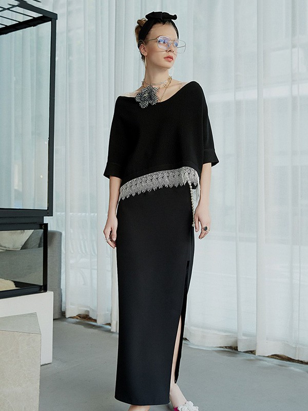 红贝缇女装2020秋季黑色开叉半身裙