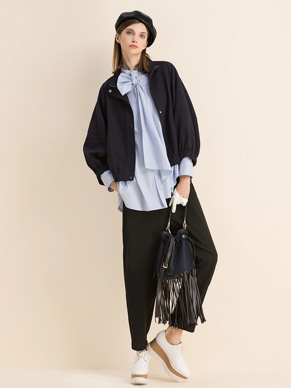 希色2020秋季浅蓝色系带衬衫