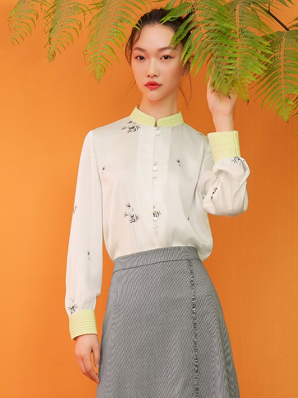 花木深2020秋季白色印花衬衫