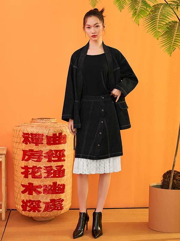 花木深2020秋季黑色拼接半身裙