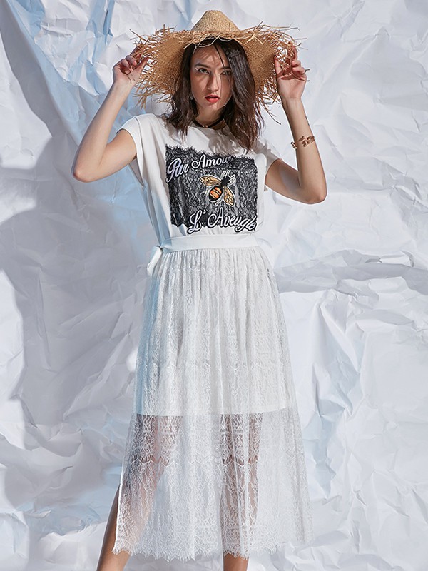 卡布依2019春夏季白色印花连衣裙