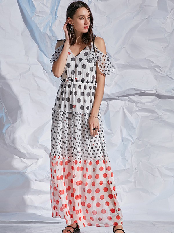卡布依女装2019春夏季白色波点连衣裙