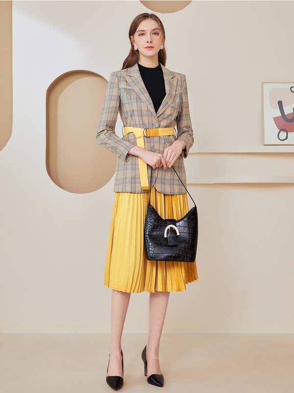 佳人苑女装2020秋季卡其色格子西装
