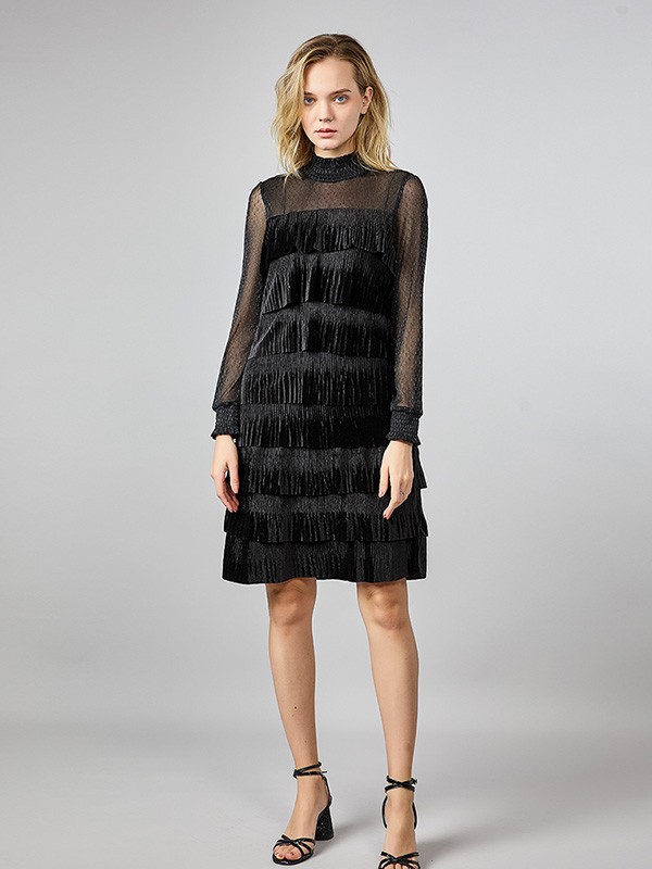真情告白女装2020秋季黑色纱网连衣裙