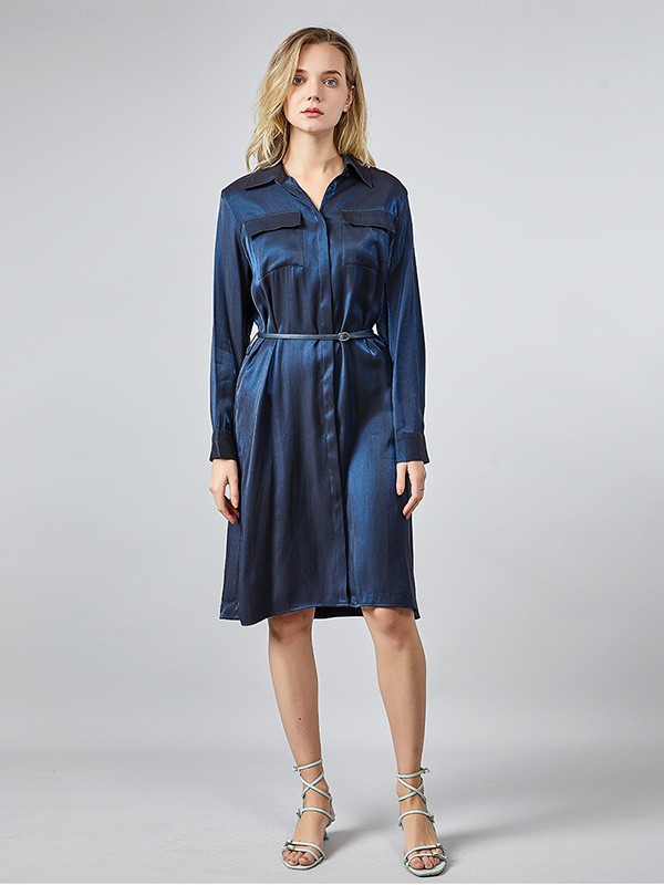 真情告白女装2020秋季藏蓝色收腰连衣裙