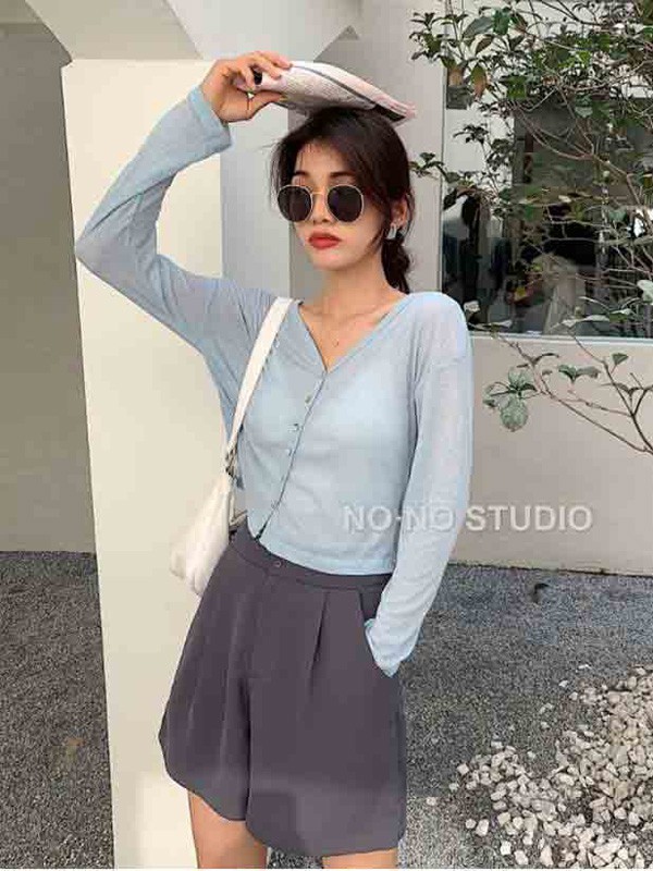 OMX2019秋季蓝色纯色针织衫