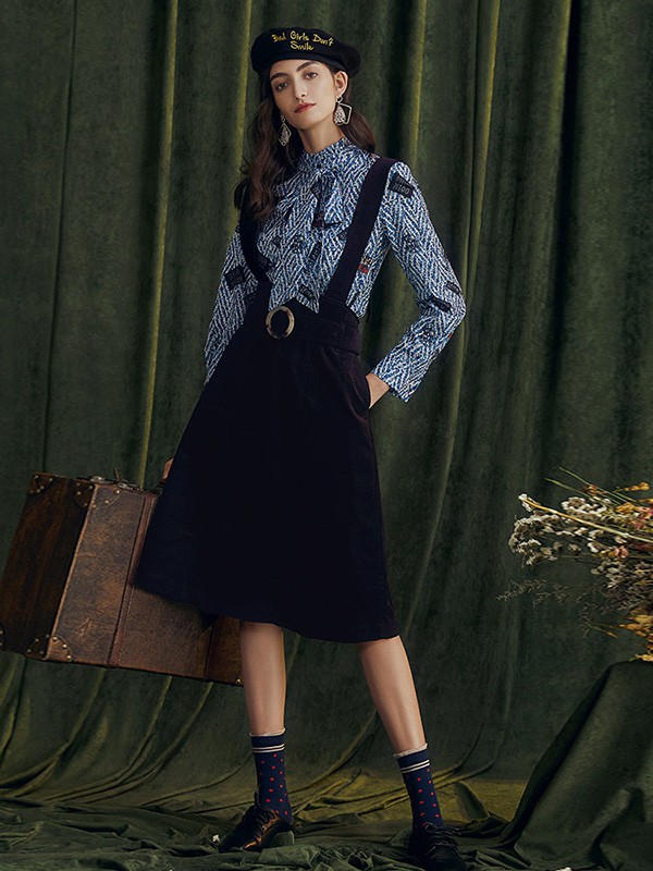 西蔻女装2020秋季蓝色印花衬衫