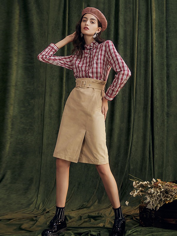 西蔻女装2020秋季红色格子衬衫