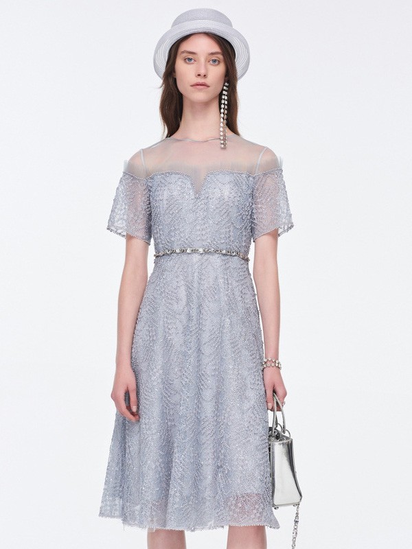 芭蒂娜2020夏季灰色纱网连衣裙
