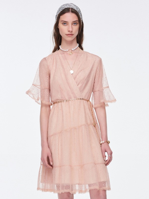 芭蒂娜2019夏季粉色纱网连衣裙