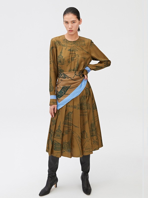 之禾女装2020秋季黄色印花连衣裙