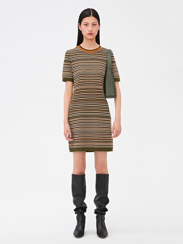 之禾女装2020秋季黄色撞色连衣裙