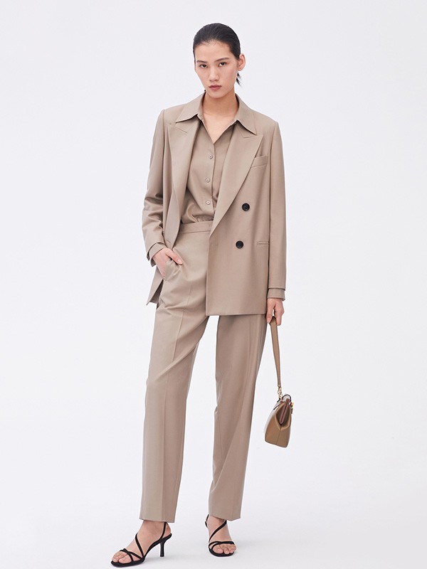 之禾女装2020秋季卡其色纯色西装