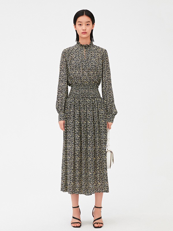 之禾女装2020秋季黑色碎花连衣裙