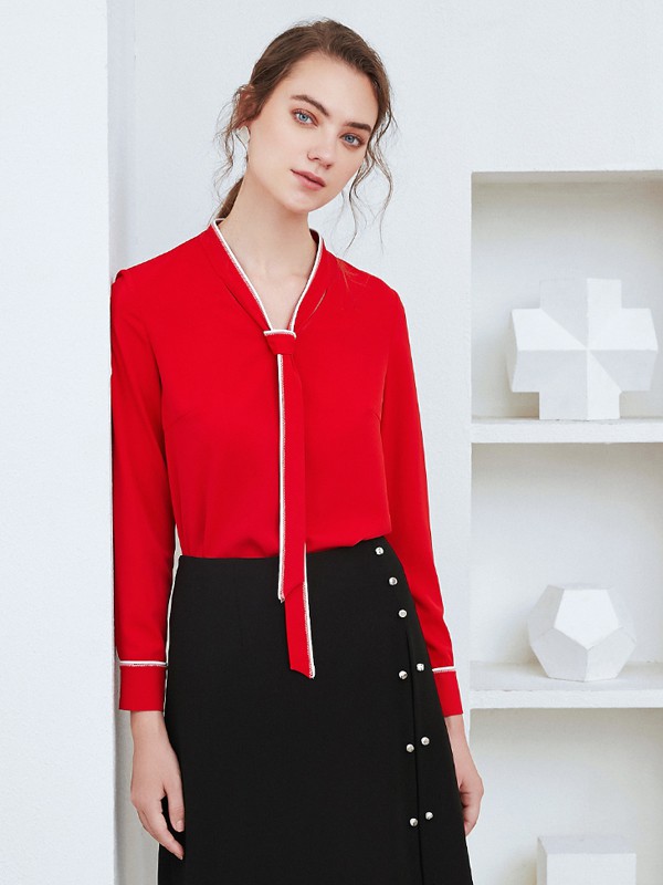 爱特爱女装2020秋季红色纯色衬衫