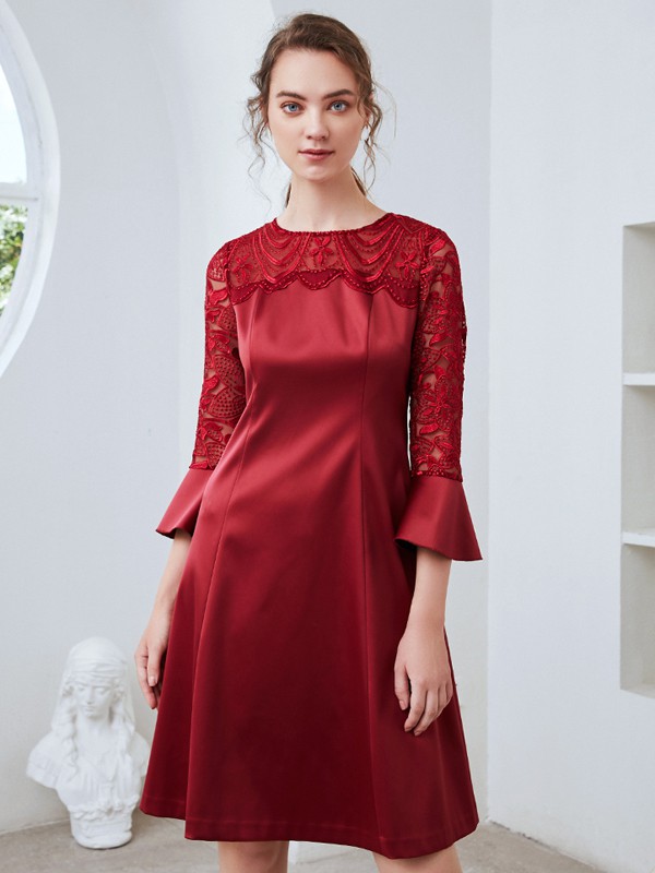 爱特爱女装2020秋季红色纯色连衣裙