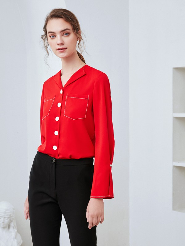爱特爱女装2020秋季红色纯色衬衫