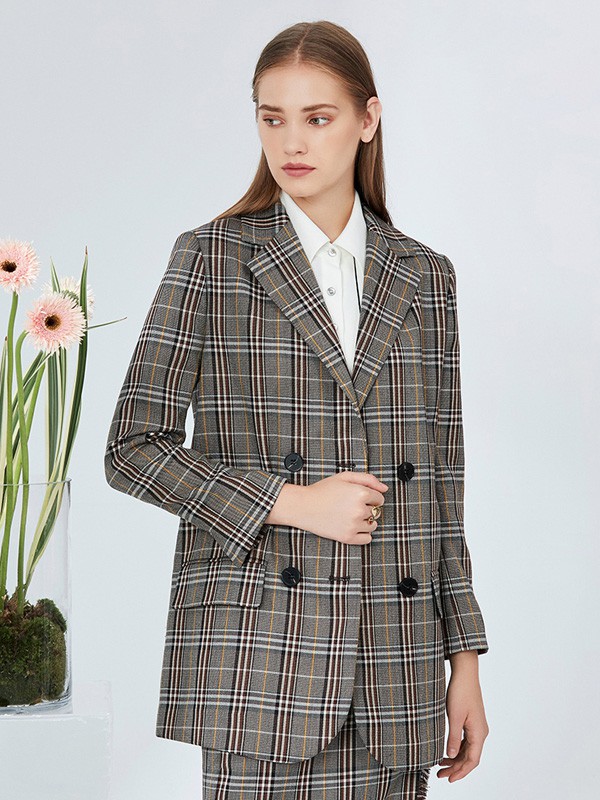 爱特爱女装2020秋季咖啡色格子套装