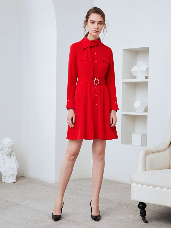 爱特爱女装2020秋季红色纯色连衣裙
