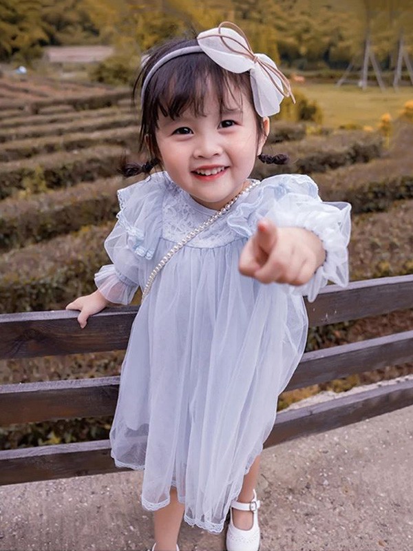 糖麦卡童装2020秋季浅蓝色纱网连衣裙