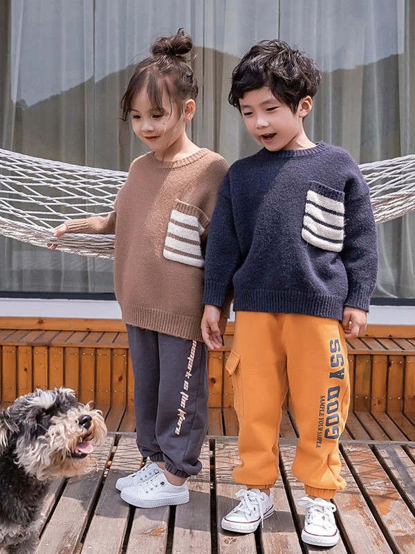 糖麦卡童装2020秋季咖啡色撞色毛衣