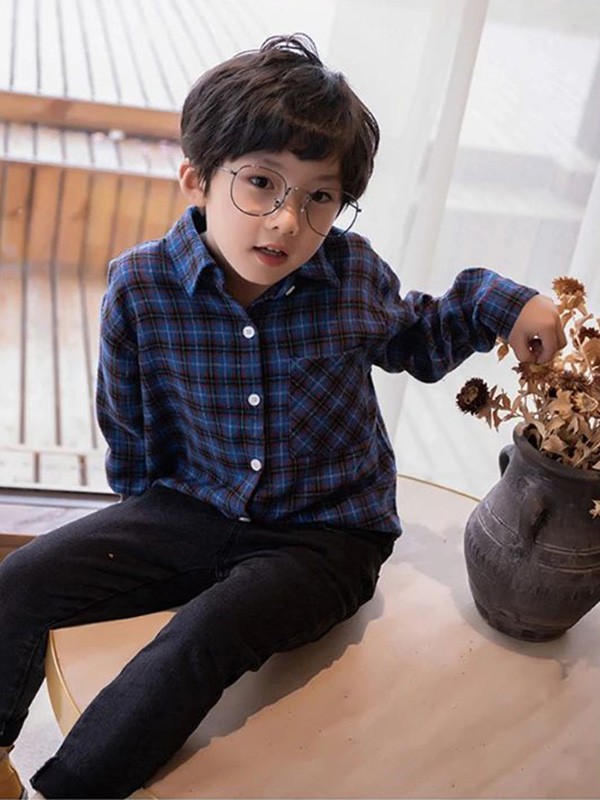 糖麦卡童装2020秋季蓝色格子衬衫