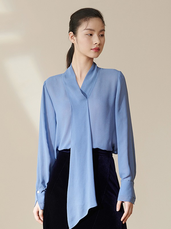 皑如2020秋季蓝色纯色衬衫