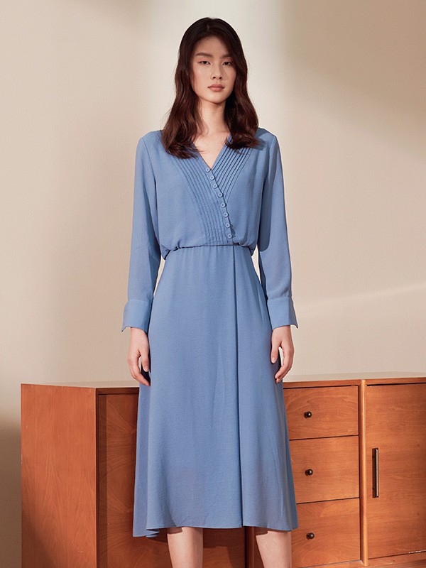 皑如2020秋季蓝色收腰连衣裙
