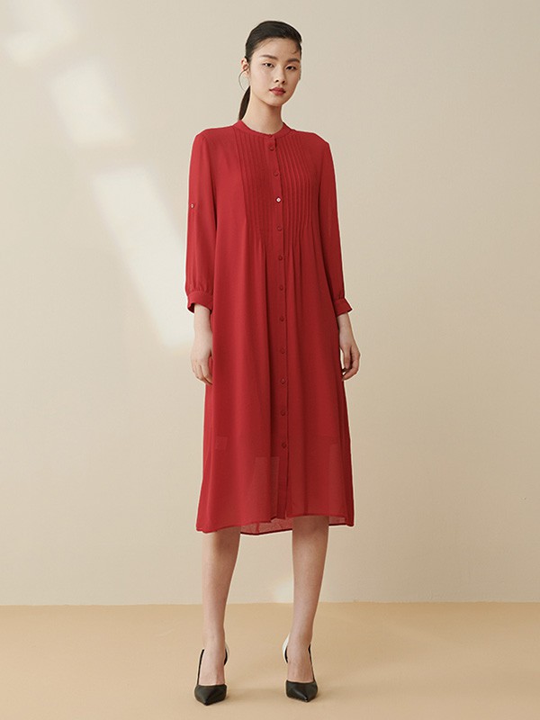 皑如2020秋季红色纯色连衣裙
