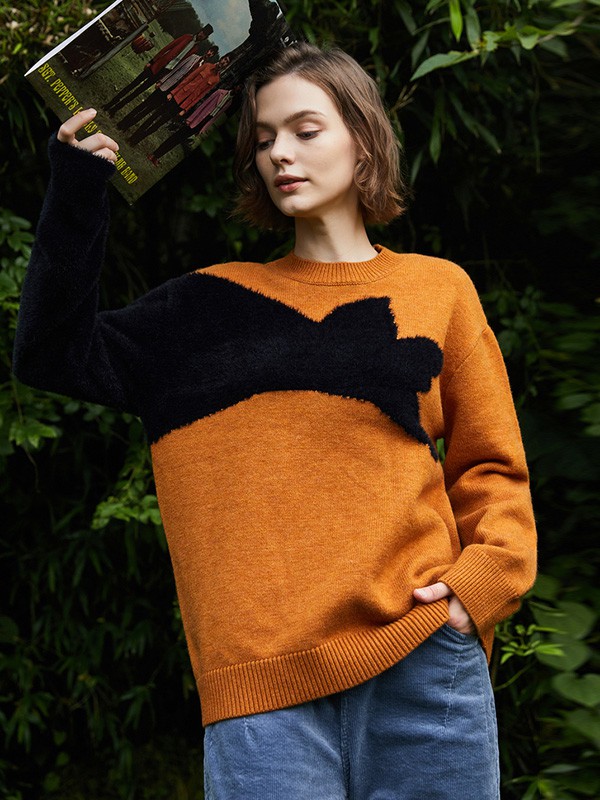 飞鸟和新酒2020秋季黄色撞色毛衣