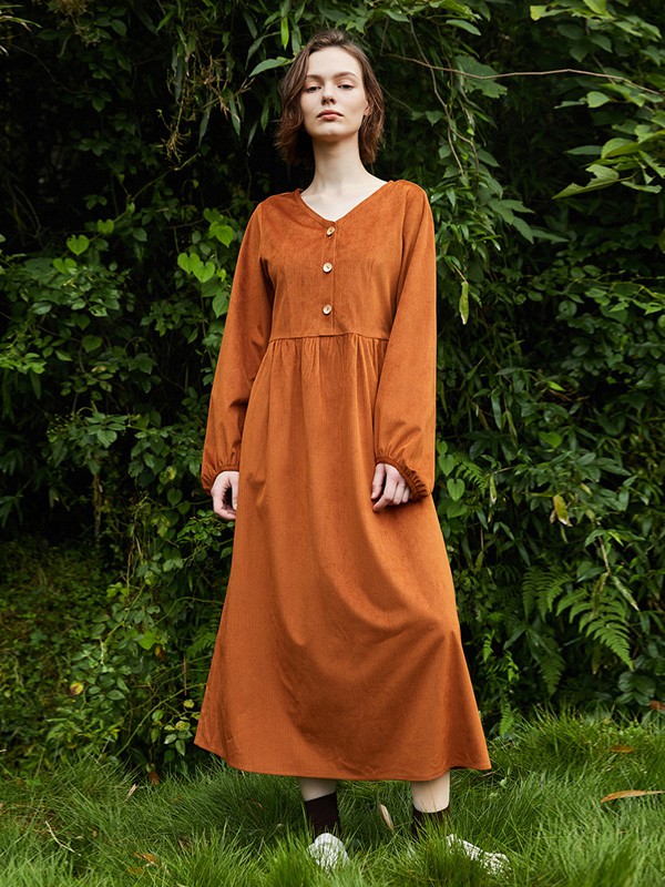 飞鸟和新酒女装2020秋季黄色长款连衣裙