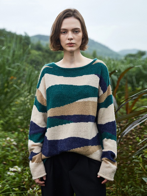 飞鸟和新酒女装2020秋季拼色撞色毛衣