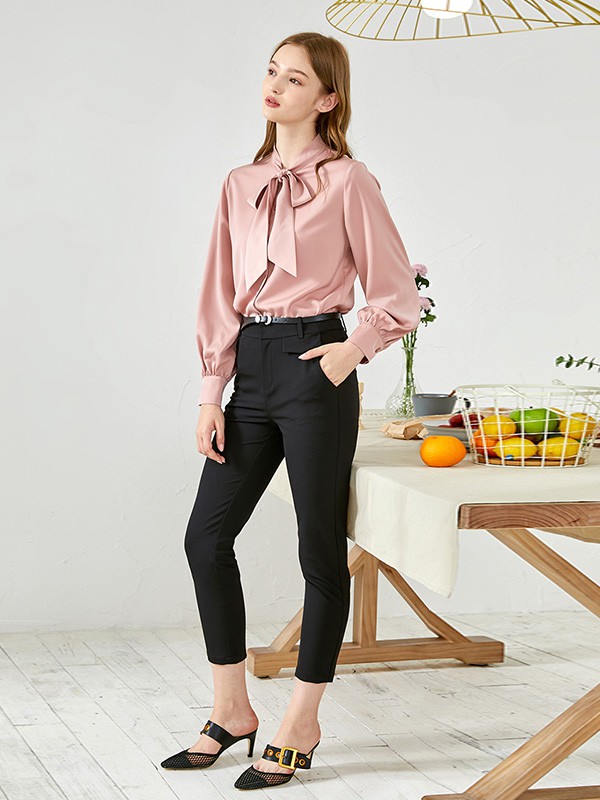 朵以2020秋季粉色系带衬衫