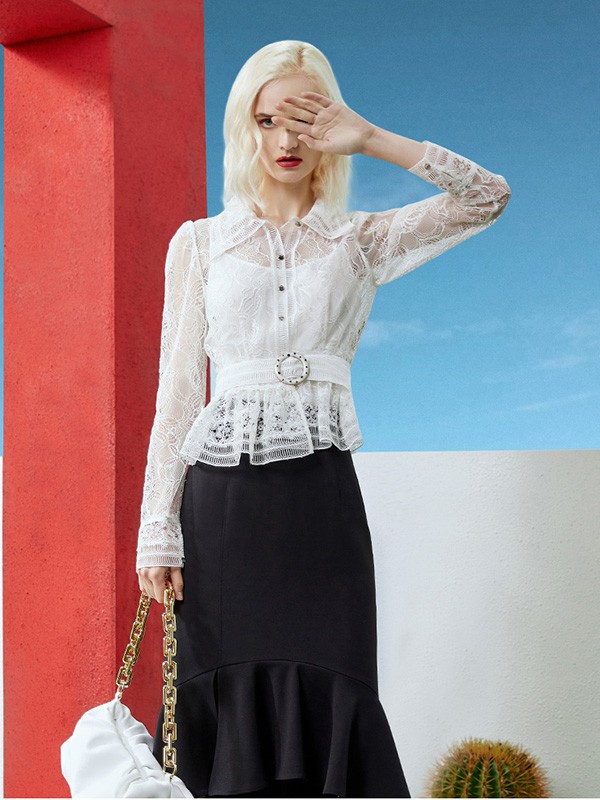 百丝2020秋季白色纱网上衣