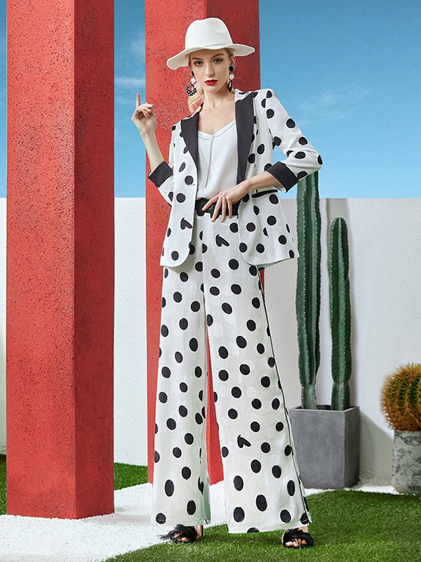 百丝女装2020秋季白色波点套装