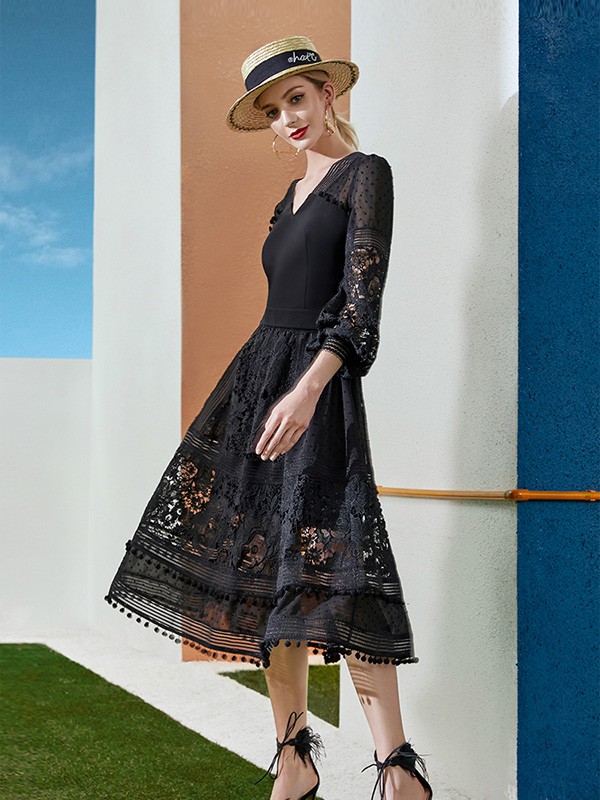 百丝女装2020秋季黑色纱网连衣裙