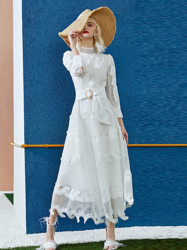 百丝女装2020秋季白色纱网连衣裙