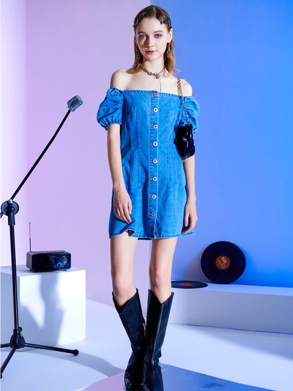 MJStyle2020春夏季蓝色一字肩连衣裙