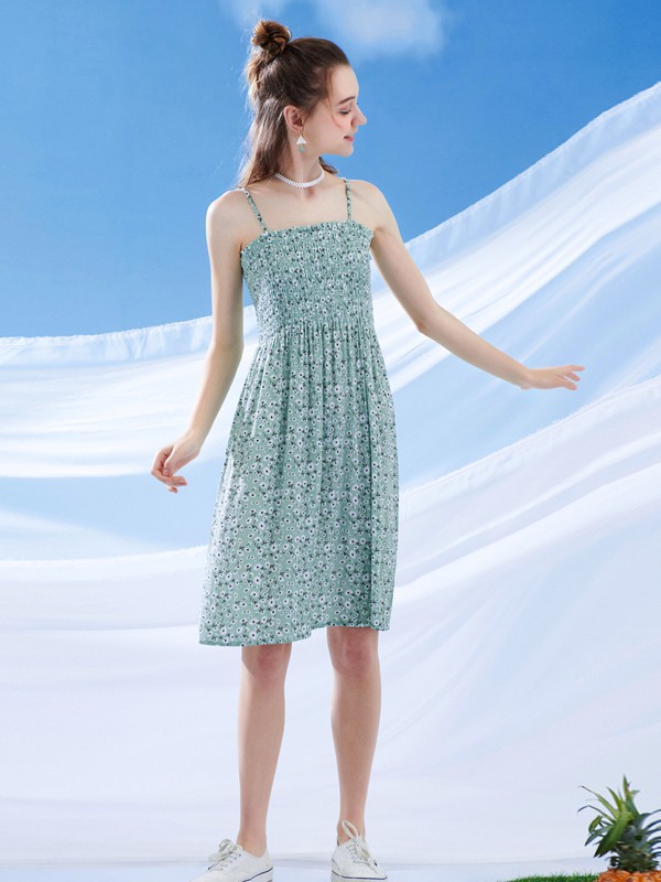 MJStyle2020春夏季蓝色碎花吊带裙