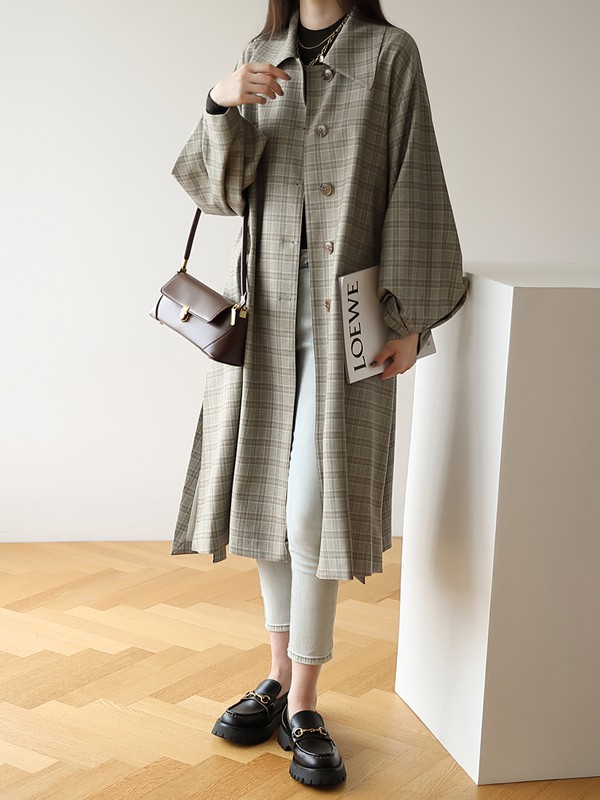 嘉茱莉2020秋季灰色格子风衣