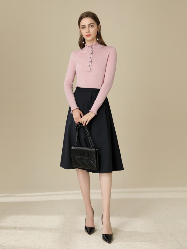 爱依莲2019秋冬季粉色木耳边针织衫