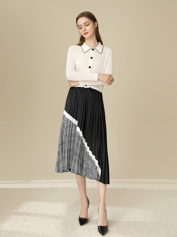 爱依莲2020秋冬季拼色褶皱百褶裙