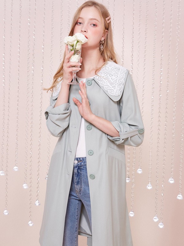 戈蔓婷2020秋冬季绿色纯色风衣