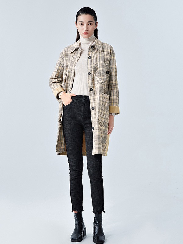 古木夕羊2020秋冬季卡其色格子外套